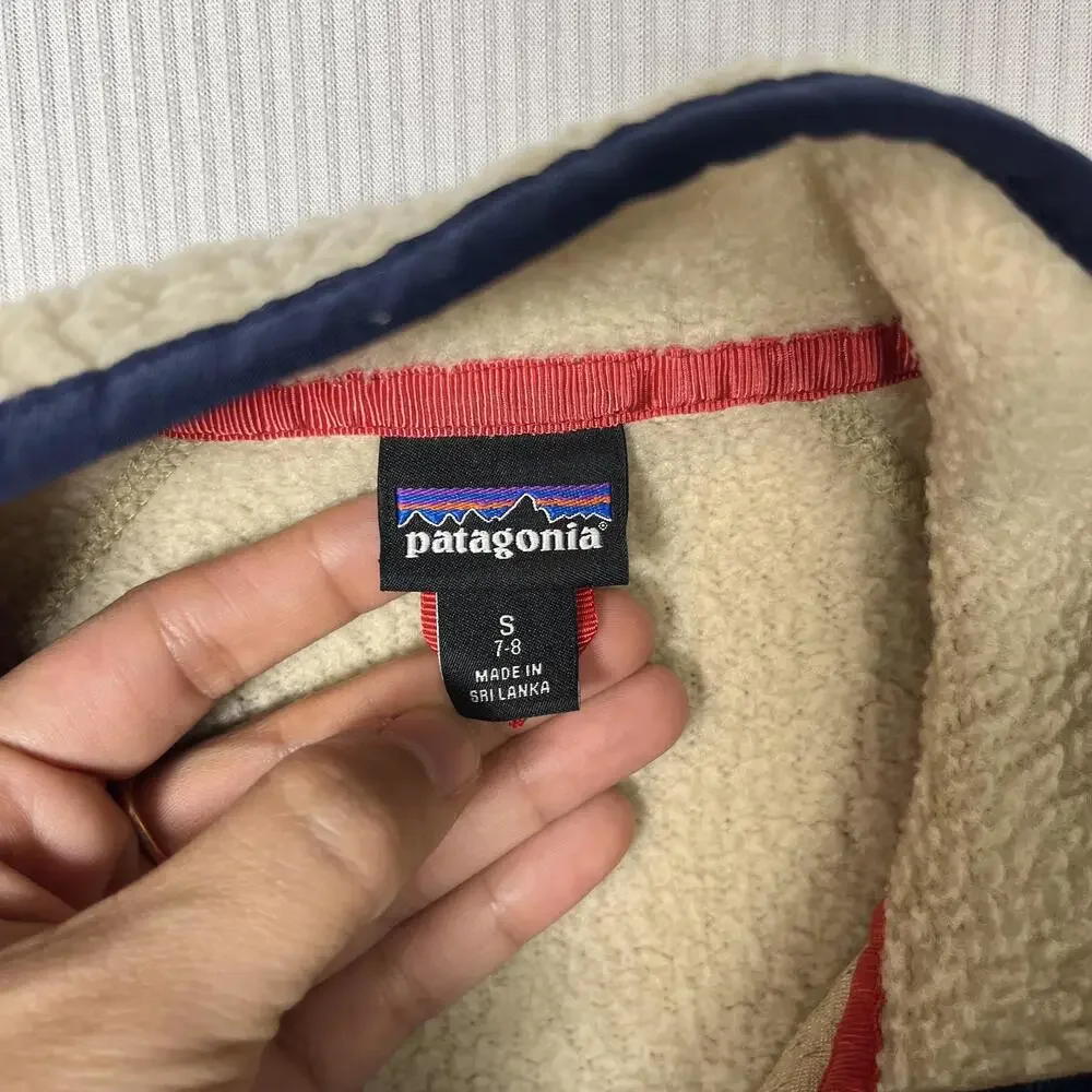 Patagonia Fleece Jacket Kids 7-8 Beige Full Zip Logo Pockets Outdoor Winter